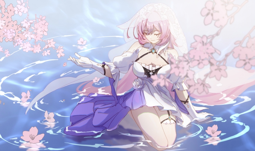 absurdres bare_shoulders chinese_commentary closed_eyes commentary_request dress elysia_(honkai_impact) faber_fubei flower gloves halterneck highres honkai_(series) honkai_impact_3rd long_hair pink_flower pink_hair puffy_short_sleeves puffy_sleeves short_dress short_sleeves smile thighs veil very_long_hair water white_dress white_gloves