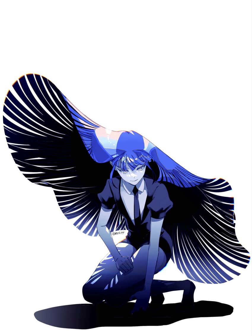 1other androgynous black_necktie blue_hair colored_eyelashes colored_skin crystal_hair gem_uniform_(houseki_no_kuni) glowing glowing_hair highres houseki_no_kuni lapis_lazuli_(gemstone) lapis_lazuli_(houseki_no_kuni) mt5_014 necktie other_focus phosphophyllite_(gemstone) shards short_jumpsuit white_skin