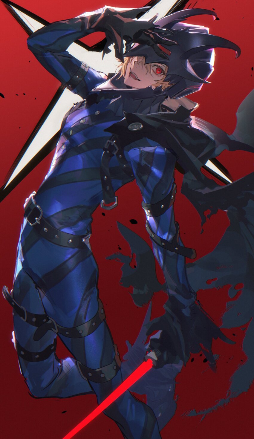 1boy absurdres akechi_gorou arm_up armor belt black_cape black_gloves black_mask_(persona_5) bodysuit brown_hair cape doran_(doran7280) energy_sword gloves helmet highres holding holding_sword holding_weapon lightsaber looking_at_viewer male_focus mask official_alternate_costume open_mouth persona persona_5 red_background red_eyes short_hair simple_background smile solo strap striped_bodysuit sword teeth torn torn_cape torn_clothes weapon