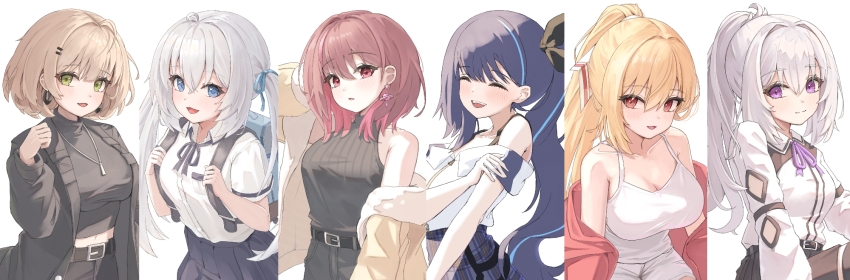 6+girls backpack bag bare_shoulders belt black_jacket black_shirt black_skirt blonde_hair blue_eyes blue_hair breasts cleavage closed_eyes closed_mouth colored_inner_hair crop_top dress_shirt earrings gosegu green_eyes highres ine_(vtuber) jacket jewelry jingburger jururu large_breasts lilpa long_hair long_sleeves looking_at_viewer medium_breasts medium_hair midriff multicolored_hair multiple_girls necklace nokde off_shoulder open_clothes open_jacket open_mouth pleated_skirt ponytail purple_eyes randoseru red_eyes red_hair red_jacket ribbed_shirt shirt shirt_tucked_in short_hair skirt sleeveless sleeveless_shirt smile streaked_hair twintails viichan waktaverse white_background white_hair white_shirt yellow_jacket