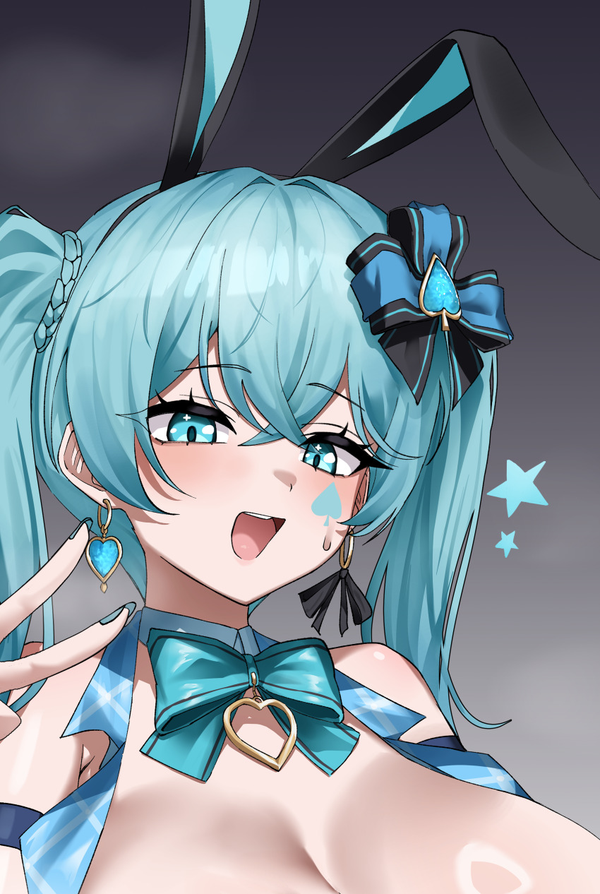 1girl absurdres animal_ears aqua_eyes aqua_hair arm_strap armpit_crease bare_shoulders black_survival bow bowtie braided_twintails breasts cleavage detached_collar earrings emma_hardy eternal_return:_black_survival facial_mark fake_animal_ears gradient_background hahyaha hair_bow hair_ornament hairband heart highres jewelry large_breasts long_hair looking_at_viewer nail_polish open_mouth rabbit_ears smile solo spade_hair_ornament twintails upper_body v
