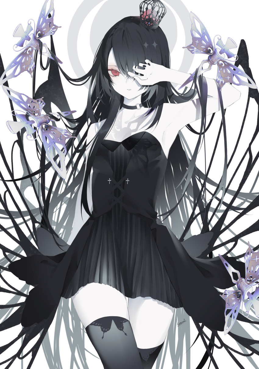 1girl absurdres armpits artist_name black_choker black_crown black_dress black_hair black_nails black_thighhighs choker colored_skin commentary crown dress flat_chest hair_over_one_eye highres kotarou_(kot_mochi) long_hair looking_at_viewer mini_crown nail_polish o-ring o-ring_choker one_eye_covered original parted_lips red_eyes short_dress signature solo standing strapless strapless_dress thighhighs very_long_hair white_skin