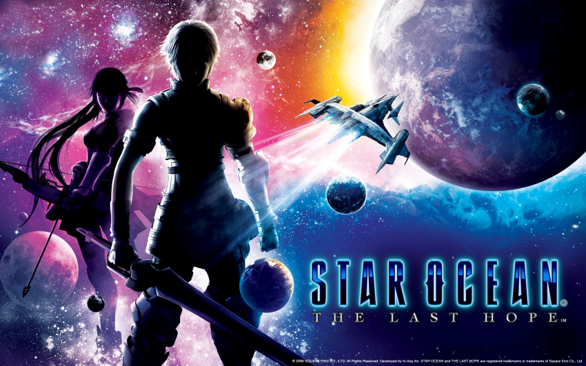 00s 1girl 2009 3d artist_request black_hair black_thighhighs breasts copyright_name edge_maverick female_focus highres logo official_art planet saionji_reimi ship silhouette solo space square_enix star_ocean sword thighhighs universe watercraft weapon