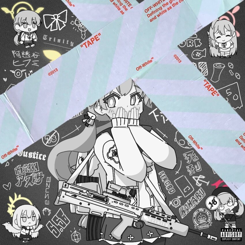 album_cover_redraw assault_rifle azusa_(blue_archive) blue_archive derivative_work drrnvevo duct_tape faust_(blue_archive) graffiti greyscale gun hanako_(blue_archive) hifumi_(blue_archive) highres koharu_(blue_archive) lil_uzi_vert luv_is_rage_2_(lil_uzi_vert) make-up_work_club_(blue_archive) monochrome off-white_(brand) parental_advisory rifle tagme weapon