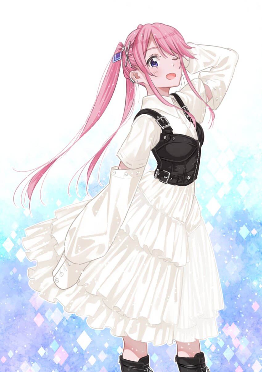 1girl ;d absurdres arm_at_side arm_behind_head belt_buckle black_boots blue_background blue_eyes blush bodice boots buckle collared_dress dress feet_out_of_frame from_side hair_ornament highres long_hair long_sleeves looking_at_viewer miyajima_reiji official_art one_eye_closed open_mouth pink_hair rock_wa_shinanai shiunji-ke_no_kodomotachi shiunji_ouka sidelocks smile solo standing twintails white_dress x_hair_ornament