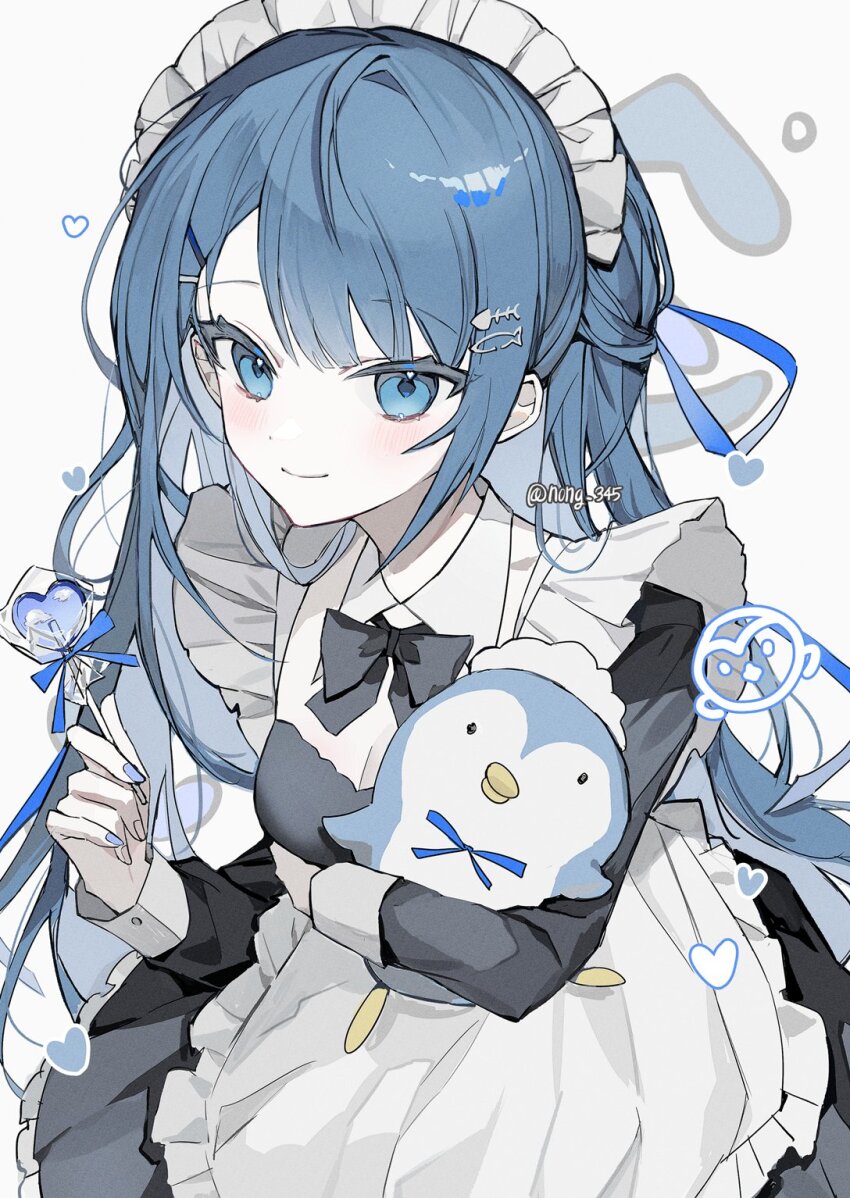 1girl alternate_costume apron black_bow black_bowtie black_dress blue_eyes blue_hair blush bow bowtie candy closed_mouth commentary cowboy_shot dress enmaided fish_skeleton_hair_ornament food frilled_apron frills heart heart-shaped_food heart-shaped_lollipop highres holding holding_candy holding_food holding_lollipop kiritani_haruka lollipop long_hair long_sleeves looking_at_viewer maid maid_headdress nong_345 project_sekai shaped_lollipop simple_background smile solo stuffed_animal stuffed_penguin stuffed_toy symbol-only_commentary twitter_username white_apron white_background