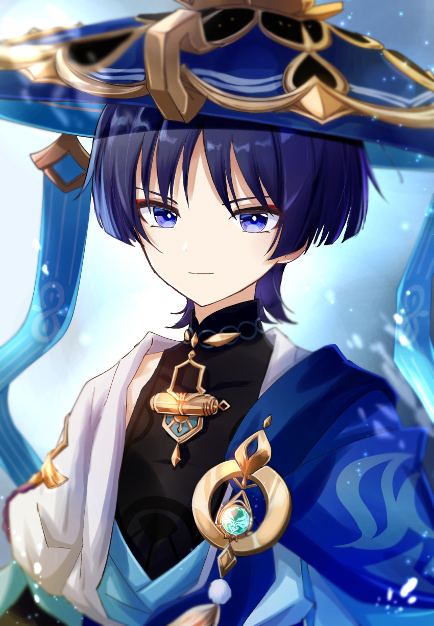 1boy anemo_symbol_(genshin_impact) black_bodysuit blue_cape blue_gemstone blue_hat blue_kimono blue_sleeves blunt_ends bodysuit bright_pupils cape closed_mouth covered_collarbone eyeliner eyeshadow feathers gem genshin_impact gold han&#039;eri hat highres japanese_clothes jingasa kimono layered_kimono layered_sleeves light_smile looking_past_viewer makeup male_focus mandarin_collar open_clothes open_kimono pom_pom_(clothes) purple_eyes purple_hair red_eyeliner red_eyeshadow scaramouche_(genshin_impact) short_sleeves shoulder_peek solo upper_body user_uhjn2434 vision_(genshin_impact) wanderer_(genshin_impact) white_background white_kimono white_pupils white_sleeves wind yellow_feathers