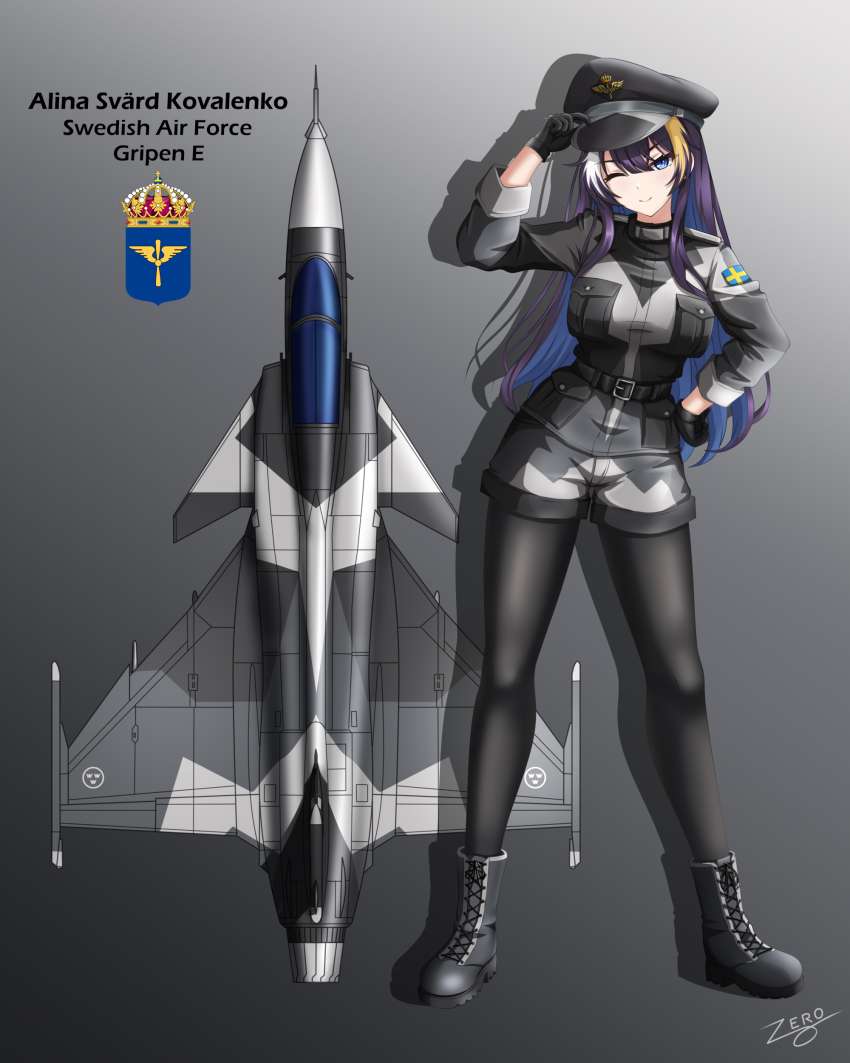1girl absurdres aircraft airplane alina_svard_kovalenko_(laotianaviator) commentary english_commentary heterochromia highres jet military military_uniform multicolored_hair pantyhose saab_gripen solo swedish_commentary swedish_flag swedish_text zero_(73ro)