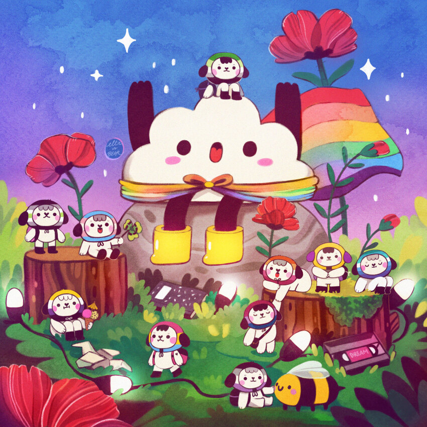arms_up artist_name bee boots bug bush cape commentary creature ellievsbear english_commentary flower hat highres insect lgbt_pride notebook on_rock open_mouth original outdoors plant pride_month rainbow rainbow_flag rock rubber_boots signature sitting on_tree_stump sky smile tree_stump videocassette yellow_boots