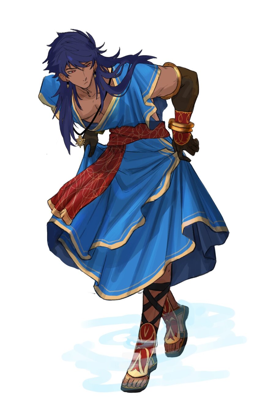 1boy :/ blue_hair clothes_lift dark-skinned_male dark_blue_hair dark_skin donkey_fgo earrings fate/grand_order fate_(series) greco-roman_clothes hair_between_eyes highres jewelry leaning_forward long_hair looking_at_viewer male_focus pectoral_cleavage pectorals red_eyes romulus_quirinus_(fate) skirt skirt_lift slippers solo toned toned_male very_long_hair