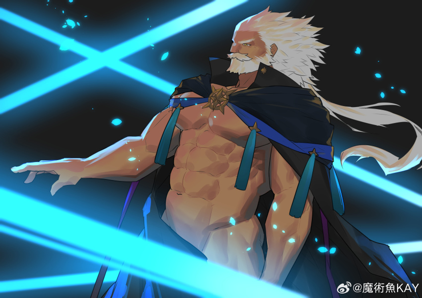 1boy abs absurdres bara bare_pectorals beard cloak dark-skinned_male dark_skin facial_hair fate/grand_order fate_(series) feet_out_of_frame from_side highres hunterkay large_pectorals light_particles long_hair male_focus mature_male muscular muscular_male mustache naked_cloak navel nipples noble_phantasm_(fate) pectorals photokinesis profile ptolemy_(fate) ptolemy_(third_ascension)_(fate) revealing_clothes solo stomach strongman_waist thick_beard thick_mustache thick_thighs thighs very_long_hair