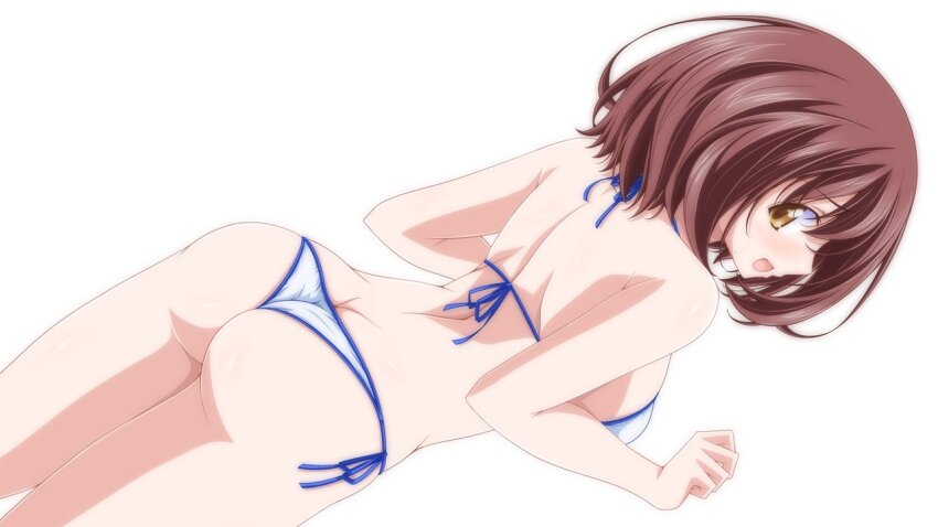 1girl ass back bikini blue_bikini brown_eyes brown_hair commentary dutch_angle from_behind halterneck kikuchi_tsutomu looking_at_viewer looking_back open_mouth original short_hair side-tie_bikini_bottom simple_background smile solo standing string_bikini sweatdrop swimsuit thong_bikini white_background
