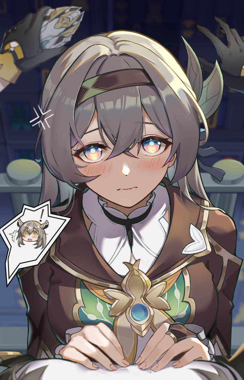 ! 2girls absurdres anger_vein animal_ears black_gloves black_hairband black_jacket blush breasts bridal_gauntlets closed_mouth firefly_(honkai:_star_rail) gloves grey_hair hair_between_eyes hair_intakes hair_ornament hairband hands_on_another&#039;s_chest highres holding honkai:_star_rail honkai_(series) jacket large_breasts multiple_girls neckerchief orange_neckerchief pov shanyouyini solo_focus speech_bubble stelle_(honkai:_star_rail) trailblazer_(honkai:_star_rail) yellow_eyes