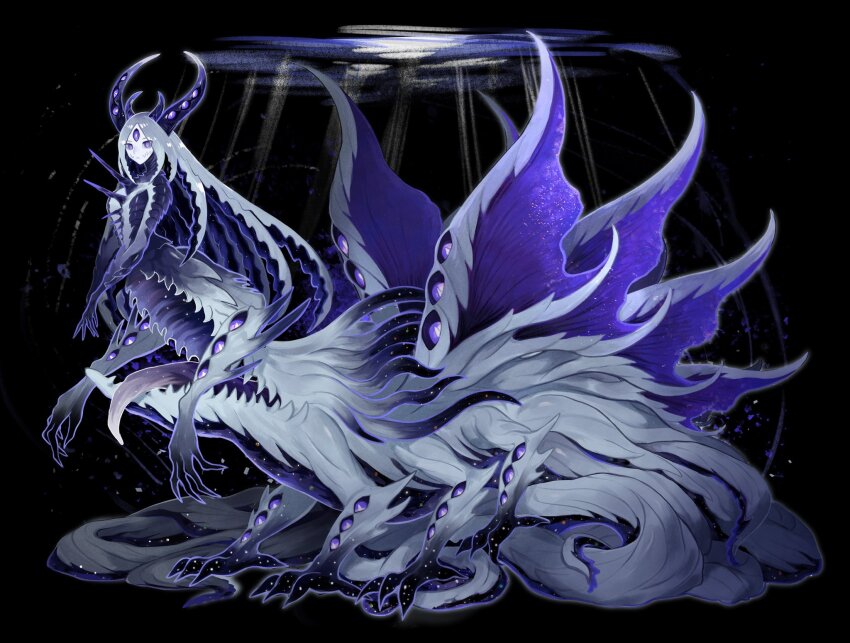 1girl black_background colored_inner_hair commission extra_arms extra_eyes extra_mouth full_body glasgow_smile highres horns looking_at_viewer monster_girl multicolored_hair original purple_eyes ruteko_(ruko220) skeb_commission solo taur third_eye tongue tongue_out white_hair wings