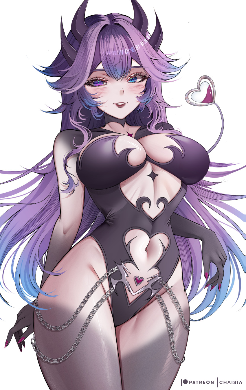 1girl absurdres black_horns black_leotard black_skin blue_eyes blue_hair blush breasts chaisia_art clothing_cutout colored_skin colored_tips commentary cottontail_(vtuber) cowboy_shot demon_tail english_commentary fingernails gem hair_between_eyes heart-shaped_gem heterochromia highres horns indie_virtual_youtuber large_breasts leotard lips long_hair looking_at_viewer multicolored_hair multiple_horns nail_polish navel navel_cutout parted_lips purple_eyes purple_hair red_gemstone red_nails simple_background solo tail very_long_hair virtual_youtuber white_background