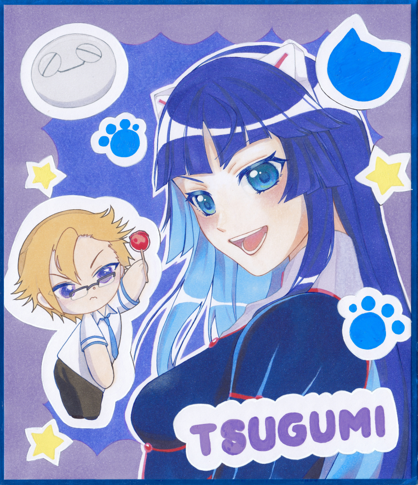 1boy 1girl 1other absurdres animal_ears blue_background blue_bodysuit blue_eyes blue_hair blue_reflection_(series) blue_reflection_tie bodysuit candy cat_ears cat_paw character_name chibi chibi_inset commentary_request daryl_yan fake_animal_ears food fyu-neru glasses guilty_crown highres hime_cut holding holding_candy holding_food holding_lollipop lollipop long_hair looking_at_viewer open_mouth outline purple_eyes sarina_(tosiyukiryousuke) shirt skin_tight smile star_(symbol) tsugumi_(guilty_crown) white_outline white_shirt
