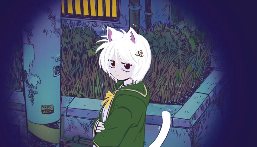 1girl akagi:_yami_ni_oritatta_tensai akagi_shigeru animal_ears cat_ears cat_girl cat_tail closed_mouth commentary_request fukumoto_mahjong genderswap genderswap_(mtf) grass green_jacket highres jacket kemonomimi_mode korean_commentary long_sleeves looking_at_viewer looking_to_the_side mahjong_tile_hair_ornament outdoors red_eyes short_hair showstyle smile solo sticker tail upper_body utility_pole white_hair