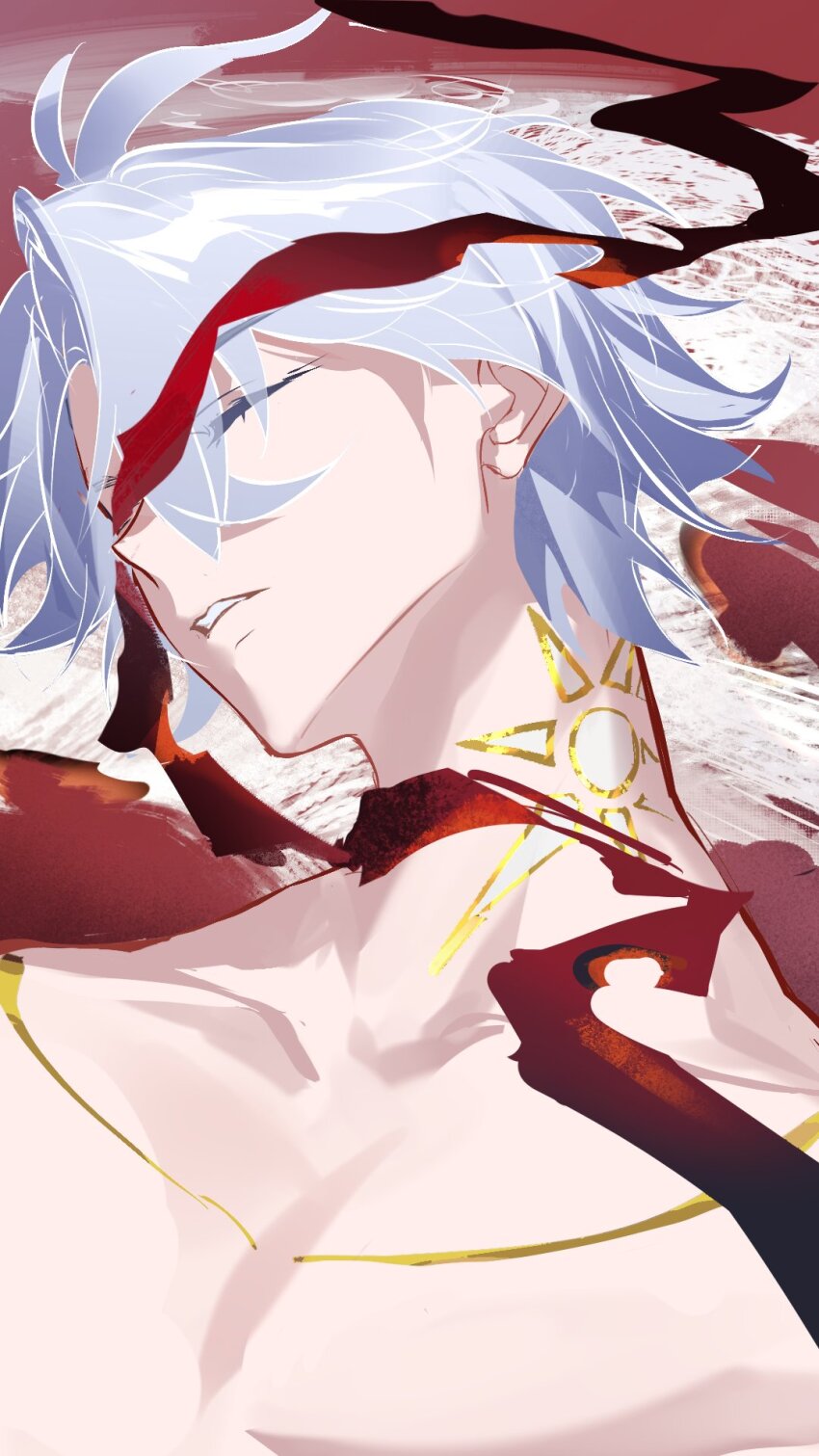 1boy antenna_hair closed_eyes commentary english_commentary highres honkai_(series) honkai_impact_3rd male_focus neck_tattoo ourkeys118838 parted_bangs parted_lips phainon_(honkai:_star_rail) short_hair solo sun_symbol sun_tattoo tan tattoo topless_male upper_body white_hair