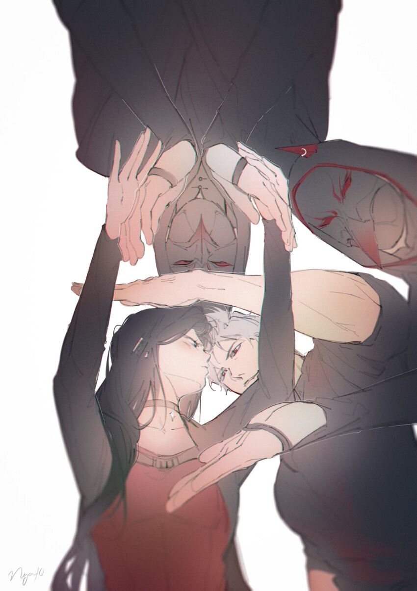 1girl 3boys bird_mask black_shirt blush choker closed_mouth heart_hands_failure highres hood hood_up kieran_(love_and_deepspace) long_hair long_sleeves love_and_deepspace luke_(love_and_deepspace) mask multiple_boys ng_ai0 profile protagonist_(love_and_deepspace) red_eyes shirt short_hair smile sylus_(love_and_deepspace) upper_body white_background white_hair