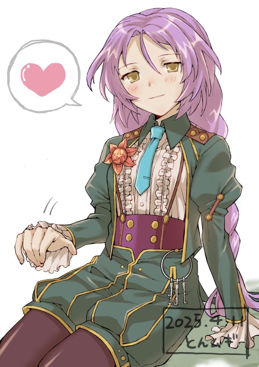1girl blush braid butler clorica_(rune_factory) closed_mouth corset dated female_butler hair_between_eyes heart highres juliet_sleeves key keyring long_hair long_sleeves looking_at_viewer necktie pantyhose puffy_shorts puffy_sleeves purple_corset purple_hair purple_pantyhose rune_factory rune_factory_4 shorts solo spoken_heart twin_braids u7yrfedrjpe1cvb white_background yellow_eyes