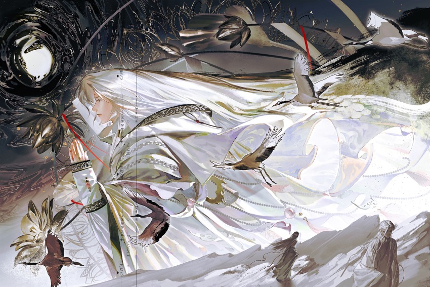 3boys absurdres beads bird black_background black_flower chinese_clothes closed_mouth facial_mark floating_clothes floating_hair flower from_side full_body hair_pulled_back hand_up hanfu highres huadian jinguang_budaixi long_hair long_sidelocks long_sleeves looking_ahead male_focus moranhuishouquandoushigou multiple_boys parted_hair profile qiao_rulai red_ribbon ribbon sample_watermark sidelocks sleeves_past_wrists solo_focus upper_body very_long_hair walking watermark white_hair white_hanfu white_sleeves