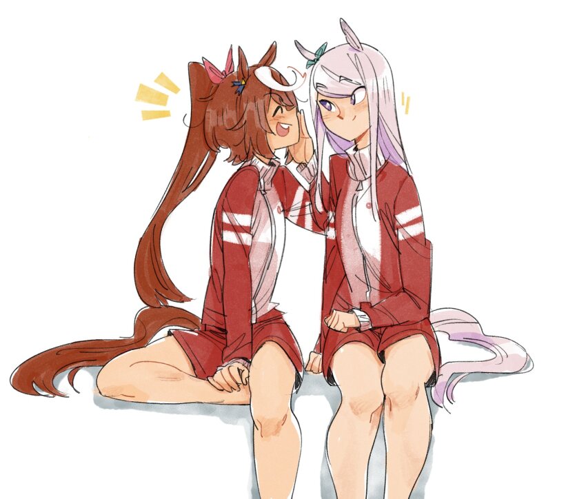 2girls animal_ears bow brown_hair closed_eyes commentary ear_bow english_commentary gutalalaman hand_on_own_face happy happy_aura highres horse_ears horse_girl horse_tail jacket long_hair long_sleeves looking_at_another mejiro_mcqueen_(umamusume) multicolored_hair multiple_girls ponytail purple_eyes purple_hair red_jacket red_shorts shorts sitting streaked_hair tail tokai_teio_(umamusume) tracen_training_uniform track_jacket two-tone_hair umamusume white_background white_hair white_jacket