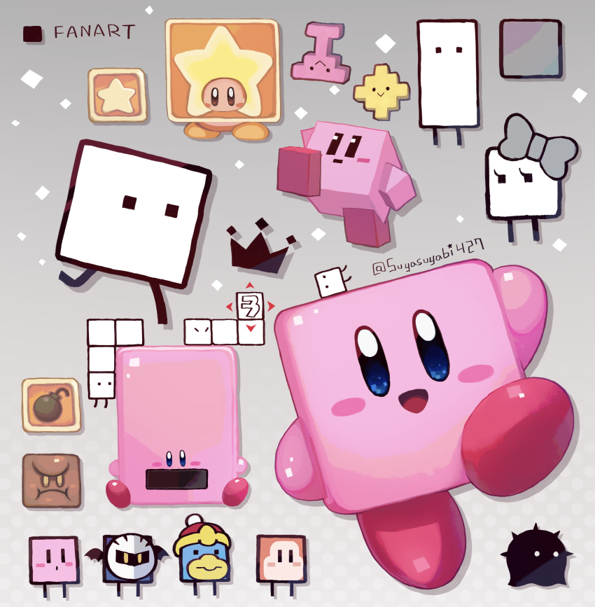 :&gt; :d :o arm_up blockin blush_stickers bomb bow boxboy! commentary_request company_connection crossover crown explosive eyelashes full_body grey_background grey_bow hat hb-002 hb-007 highres king_dedede kirby kirby&#039;s_dream_land_3 kirby_(series) kirby_and_the_forgotten_land mask meta_knight nintendo no_humans no_mouth open_mouth qbby qucy qudy red_hat sitting smile spiky_(boxboy!) square_eyes standing standing_on_one_leg star_block super_smash_bros. suyasuyabi twitter_username vending_machine vending_mouth waddle_dee wings yellow_eyes