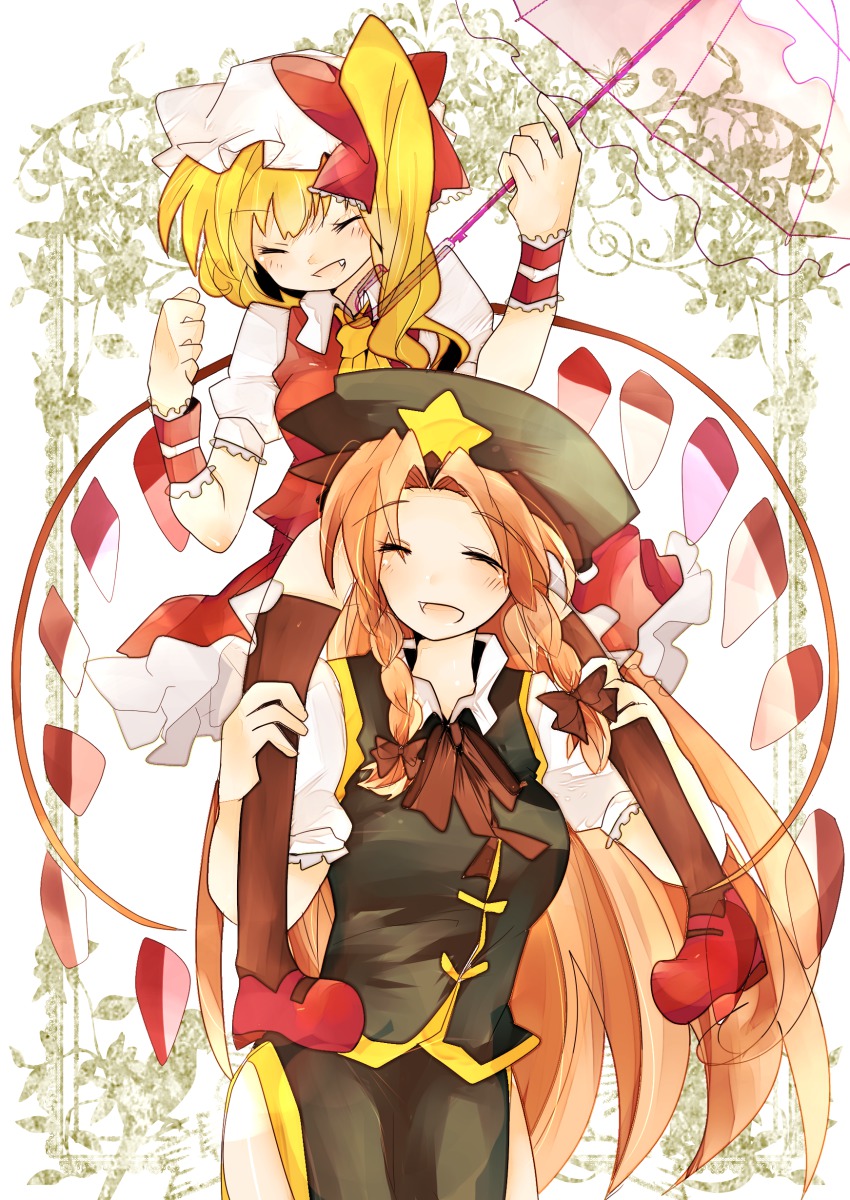 2girls absurdres ascot blonde_hair braid carrying dress closed_eyes fang female_focus flandre_scarlet hair_ribbon hat hat_ribbon highres hong_meiling long_hair multiple_girls open_mouth parasol piggyback red_dress red_hair ribbon shirt shoulder_carry side_ponytail skirt skirt_set smile star_(symbol) take_no_ko touhou twin_braids umbrella very_long_hair vest wings wrist_cuffs