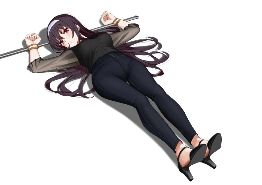 1girl absurdres arms_up black_hair black_pants black_shirt black_shoes bound bound_wrists breasts clenched_hands closed_mouth full_body hairband high_heels highres kasumigaoka_utaha large_breasts long_hair long_sleeves lying odst642 on_back pants red_eyes saenai_heroine_no_sodatekata shirt shirt_tucked_in shoes simple_background soles solo tight_clothes tight_pants very_long_hair white_background white_hairband
