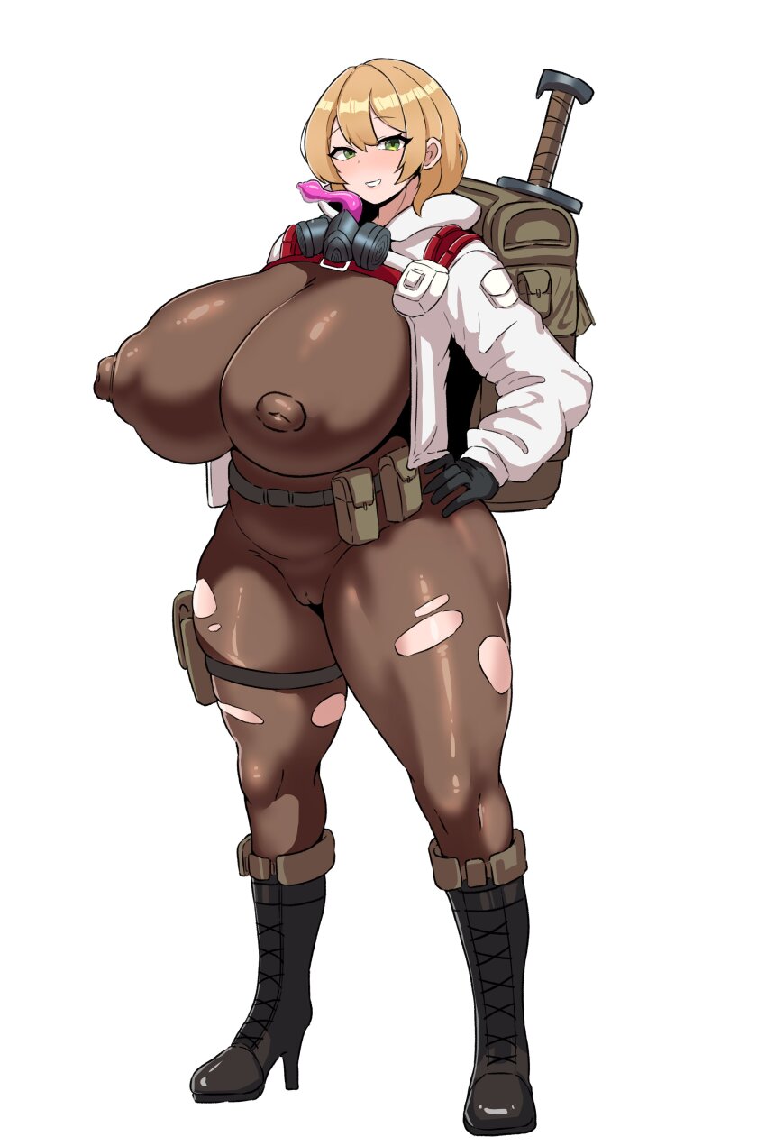 1girl absurdres backpack bag belt blonde_hair blush bodystocking boots borrowed_character breasts cameltoe corinna21210534 covered_erect_nipples gas_mask green_eyes hand_on_own_hip high_heel_boots high_heels highres hood hoodie huge_breasts knee_boots mask nipples original pussy short_hair shrug_(clothing) smile solo standing sword sword_on_back thigh_strap torn_bodystocking torn_clothes utility_belt weapon weapon_on_back white_background white_shrug