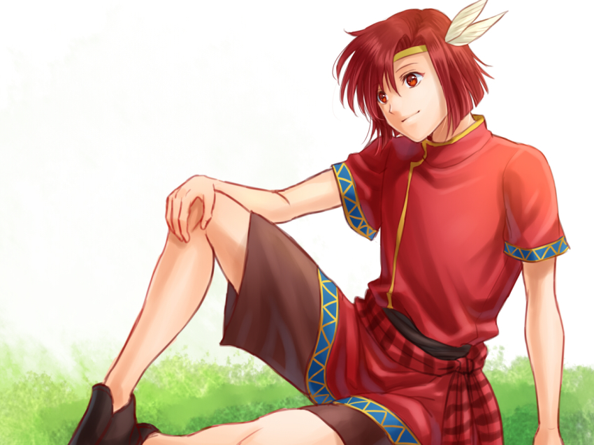 1boy bad_id bad_pixiv_id circlet feathers fire_emblem fire_emblem:_mystery_of_the_emblem hanasaki_komugi male_focus nintendo red_eyes red_hair sitting solo white_background xane_(fire_emblem)