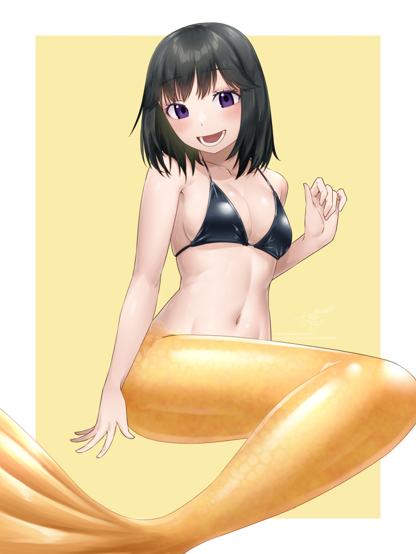 1girl :d aged_up awono_nanaumi bikini bikini_top_only black_bikini black_hair borrowed_character breasts cleavage collarbone commentary_request commission highres izumi_jun_(suenaga) looking_at_viewer lower_teeth_only medium_breasts medium_hair mermaid monster_girl navel open_mouth original purple_eyes skeb_commission smile solo swimsuit teeth
