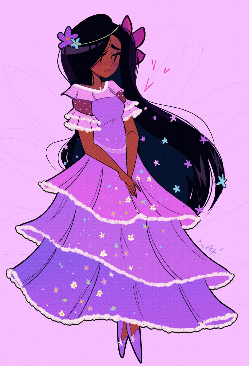 1girl black_hair dark-skinned_female dark_skin disney dress earrings encanto flower hair_flower hair_ornament highres isabela_madrigal jewelry long_hair purple_dress purple_shoes revauri shoes solo tagme
