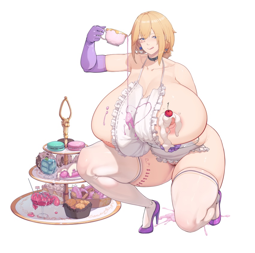 1girl areola_slip blonde_hair blue_eyes body_markings breasts cake cherry choker curvy dessert earrings female_focus food food_on_body foodplay fruit gigantic_breasts gloves high_heels jewelry kneeling large_areolae large_nipples licking_lips macaron nipple_slip nipples on_one_knee pubic_hair purple_gloves purple_heels solo sweets tea teapot thick_thighs thighhighs thighs tongue tongue_out tray warship_girls_r yaboren_xiao_shei