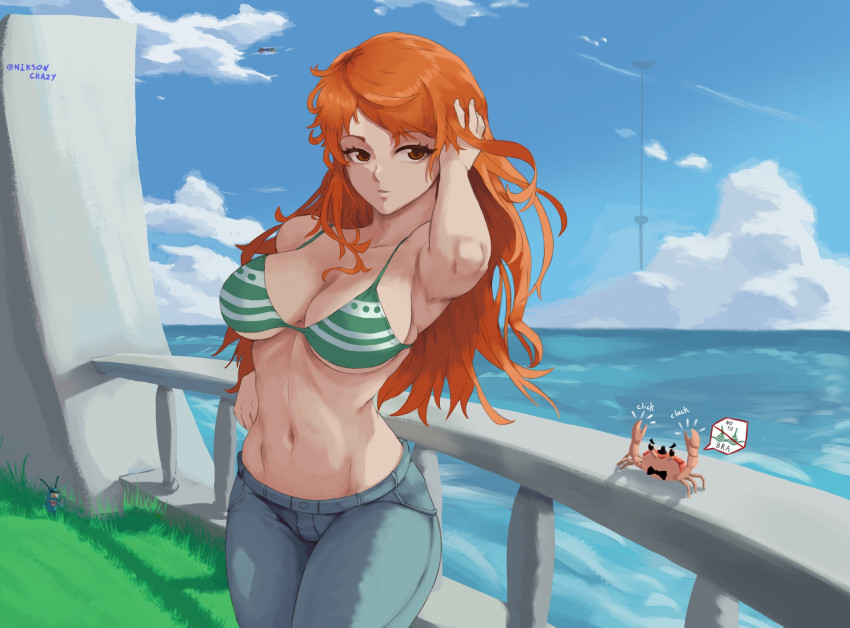 1girl bikini bikini_top_only boat breasts brown_eyes cleavage crab denim green_bikini highres jeans large_breasts long_hair looking_at_viewer midriff nami_(one_piece) nami_(one_piece)_(return_to_sabaody) niksoncrazy ocean official_alternate_costume one_piece orange_hair pants parted_lips plankton_(spongebob) spongebob_squarepants_(series) striped_bikini striped_clothes swimsuit water watercraft