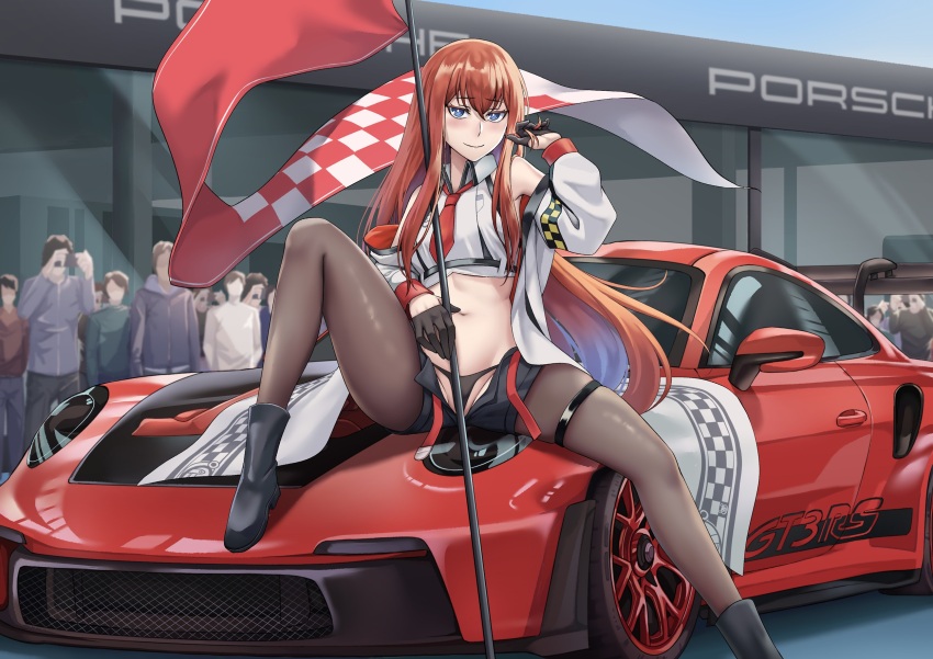 1girl audience belt black_gloves black_panties black_pantyhose black_shorts blue_eyes car checkered_flag crowd flag gloves highres holding holding_flag jacket leg_up long_hair makise_kurisu midriff motor_vehicle navel necktie on_car open_belt outdoors panties pantyhose pantyhose_under_shorts people porsche porsche_911 porsche_992 race_queen red_car red_hair red_necktie sakuya_(liao_kj) shirt shorts spoiler_(automobile) sports_car spread_legs steins;gate stomach underwear unzipped white_shirt