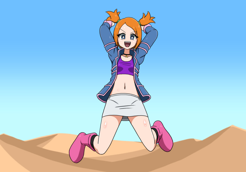 1girl :d arms_up blue_eyes blue_jacket blue_sky boots choker commission cropped_shirt desert full_body highres jacket long_sleeves midriff mori_hayaki navel nintendo open_clothes open_jacket open_mouth orange_hair pink_boots pixiv_commission pokemon pokemon_colosseum purple_shirt rui_(pokemon) shirt short_hair skirt sky smile solo teeth twintails upper_teeth_only white_skirt