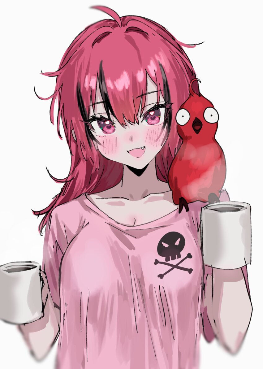 1girl :d ahoge alternate_costume alternate_hairstyle animal animal_on_shoulder aogisa bird bird_on_shoulder black_hair blush breasts cleavage coffee collarbone commentary cup fang goddess_of_victory:_nikke hair_between_eyes hair_down hands_up heart heart-shaped_pupils heart_in_eye highres holding holding_cup jolly_roger looking_at_viewer loungewear mast_(nikke) medium_breasts medium_hair messy_hair morgan_(nikke) mug multicolored_hair open_mouth parrot pink_eyes pink_shirt red_bird red_hair shirt shirt_overhang short_sleeves simple_background skull_and_crossbones smile solo steam straight-on streaked_hair symbol-only_commentary symbol-shaped_pupils symbol_in_eye t-shirt two-tone_hair white_background