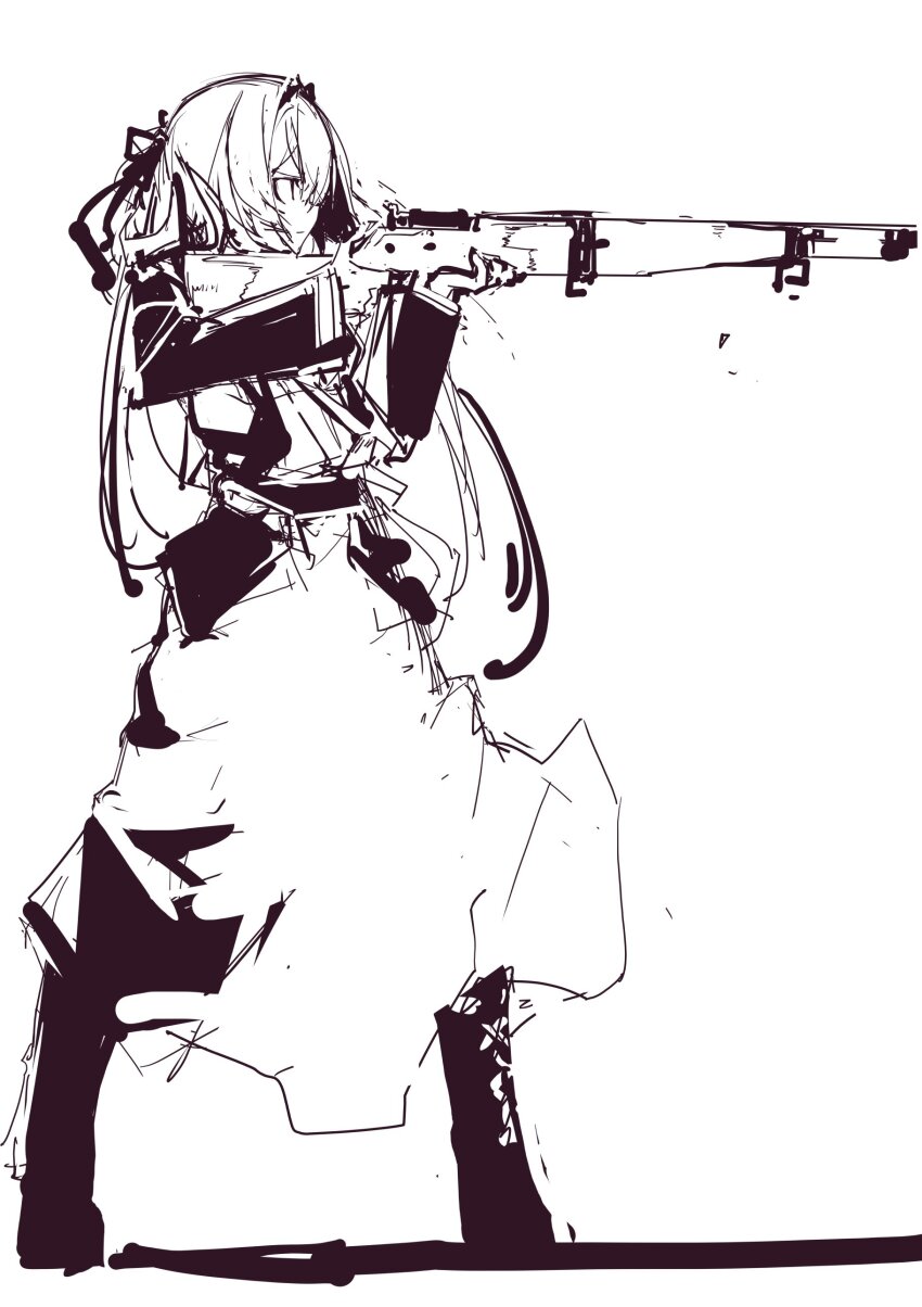 1girl absurdres bolt_action commentary_request dress full_body girls&#039;_frontline girls&#039;_frontline_2:_exilium greyscale gun hair_between_eyes hair_ribbon highres holding holding_gun holding_weapon long_hair long_sleeves m1903_springfield monochrome ribbon rifle sidelocks sketch solo springfield_(girls&#039;_frontline) springfield_(girls&#039;_frontline_2) standing weapon yoto_(rinlin2)