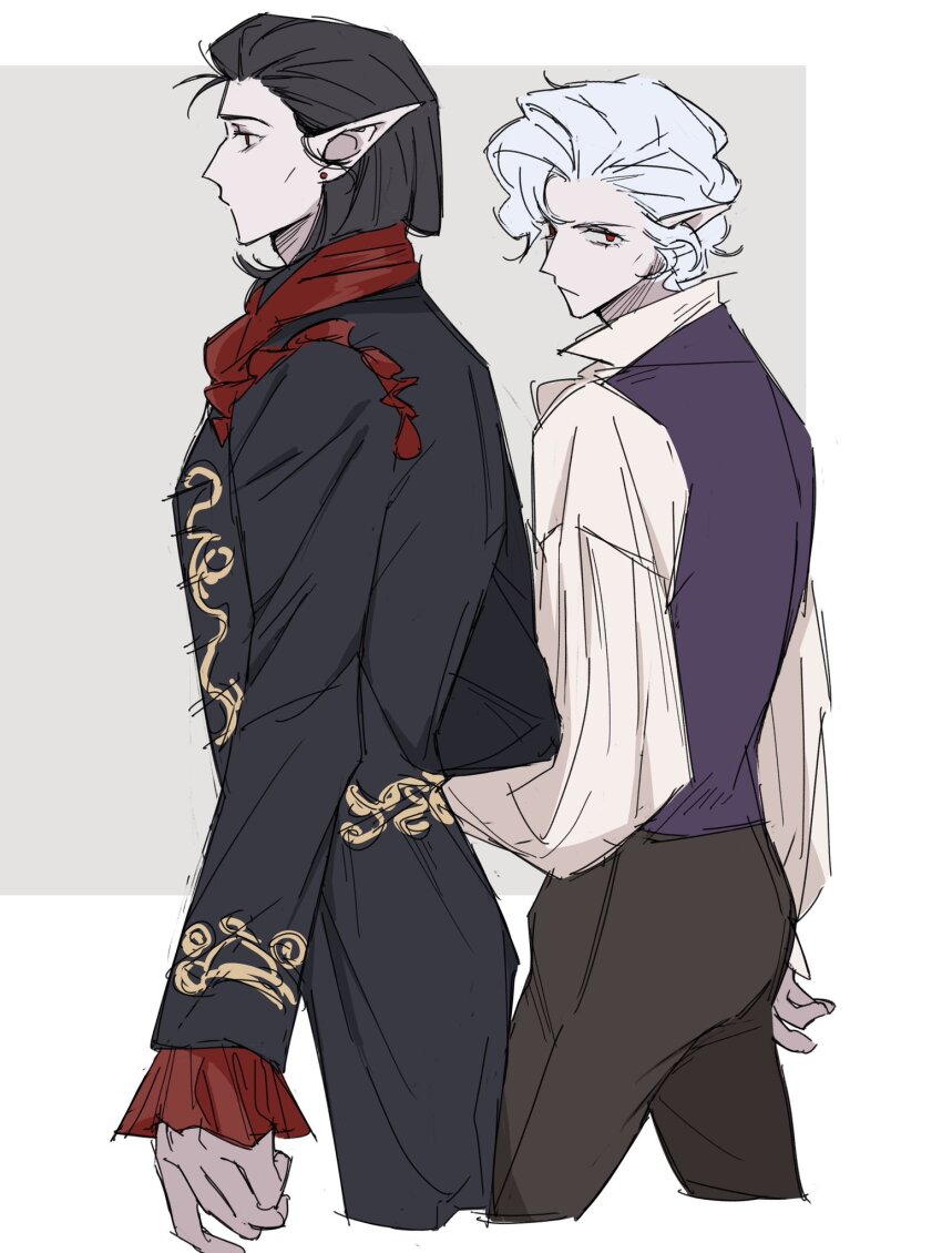 2boys astarion baldur&#039;s_gate baldur&#039;s_gate_3 black_hair cazador_szarr cowboy_shot curly_hair dungeons_&amp;_dragons dungeons_&amp;_dragons earrings elf hair_slicked_back highres jewelry long_sleeves medium_hair multiple_boys pale_skin pants pointy_ears red_eyes short_hair vest white_hair whxqxqaaa!