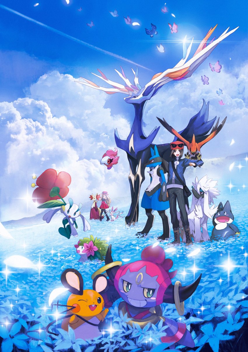 1boy 1girl absurdres animal_ear_fluff bag bird black_bag black_thighhighs blue_flower blue_jacket boots calem_(pokemon) commentary dedenne delphox eyewear_on_headwear field floette floette_(red_flower) flower flower_field furfrou gen_4_pokemon gen_6_pokemon hat highres hoopa hoopa_(confined) jacket legendary_pokemon lucario munchlax mythical_pokemon nintendo pants pink_headwear pokemon pokemon_(creature) pokemon_xy red_skirt serena_(pokemon) shaymin shaymin_(land) shirt shoes shoulder_bag skirt sparkle spritzee standing sunglasses sylveon talonflame thighhighs vivillon xerneas xuefei_(snowdrop)