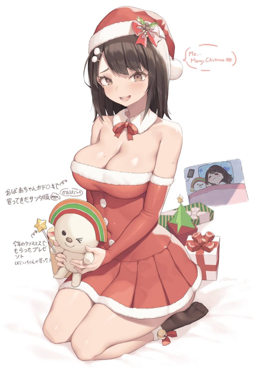 1girl =_= absurdres arrow_(symbol) bare_shoulders bell black_hair black_socks blush box breasts bridal_gauntlets brown_hair cellphone chibi chibi_inset cleavage cloba closed_eyes closed_mouth commentary_request detached_collar doll dress english_text fur-trimmed_dress fur-trimmed_gloves fur-trimmed_headwear fur_trim furrowed_brow gift gift_box gloves hair_ornament hat highres holding holding_doll jingle_bell large_breasts looking_at_viewer medium_hair mole mole_on_breast multiple_views neck_ribbon no_shoes open_mouth original phone pleated_dress pom_pom_(clothes) pom_pom_hair_ornament red_dress red_hat red_ribbon ribbon santa_costume santa_dress santa_hat seiza signature sitting sleeping smartphone smile socks speech_bubble strapless strapless_dress teeth tongue translation_request under_covers white_background