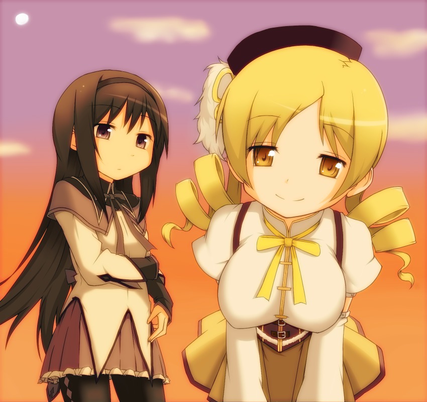 10s 2girls akemi_homura akemi_homura_(magical_girl) bent_over beret black_hair blonde_hair breasts corset drill_hair enderspain frown fruits_punch hair_ornament hairband hat highres large_breasts long_hair magical_girl mahou_shoujo_madoka_magica mahou_shoujo_madoka_magica_(anime) multiple_girls pantyhose pleated_skirt purple_eyes shirt skirt smile sunrise taut_clothes taut_shirt tomoe_mami tomoe_mami_(magical_girl) yellow_eyes zokubutsu