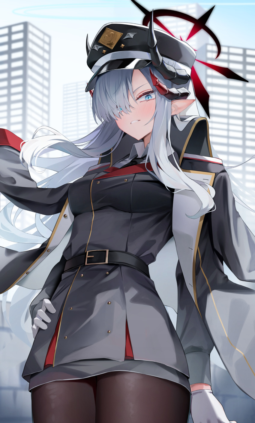 1girl absurdres black_horns black_pantyhose blue_archive breasts coat coat_on_shoulders demon_girl demon_horns gloves grey_jacket hair_over_one_eye halo highres horns jacket large_breasts long_hair looking_at_viewer makoto_(blue_archive) pantyhose pointy_ears red_halo shuvi_(shuvi1125) solo white_gloves