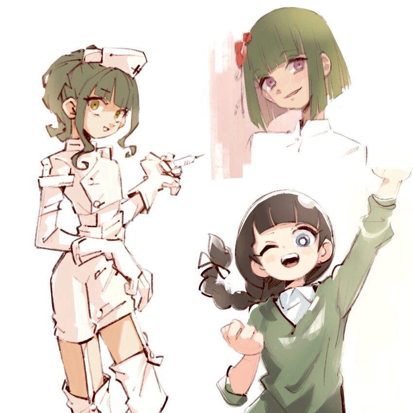 3girls alternate_costume arm_up black_hair blue_eyes blunt_bangs blunt_ends blush bob_cut braid braided_ponytail bright_pupils clenched_hand collage collared_shirt cropped_shoulders dress empty_eyes flower fujii_tomo garter_straps gloves green_hair green_sweater hair_flower hair_ornament hat head_tilt high_ponytail highres holding holding_syringe idolmaster idolmaster_cinderella_girls imay3927 long_hair long_sleeves looking_at_viewer multiple_girls niwa_hitomi nurse nurse_cap open_mouth pink_eyes ponytail red_flower shirt short_dress smile sweater syringe thighhighs ujiie_mutsumi white_dress white_gloves white_pupils white_shirt white_thighhighs wide-eyed wide_ponytail yellow_eyes