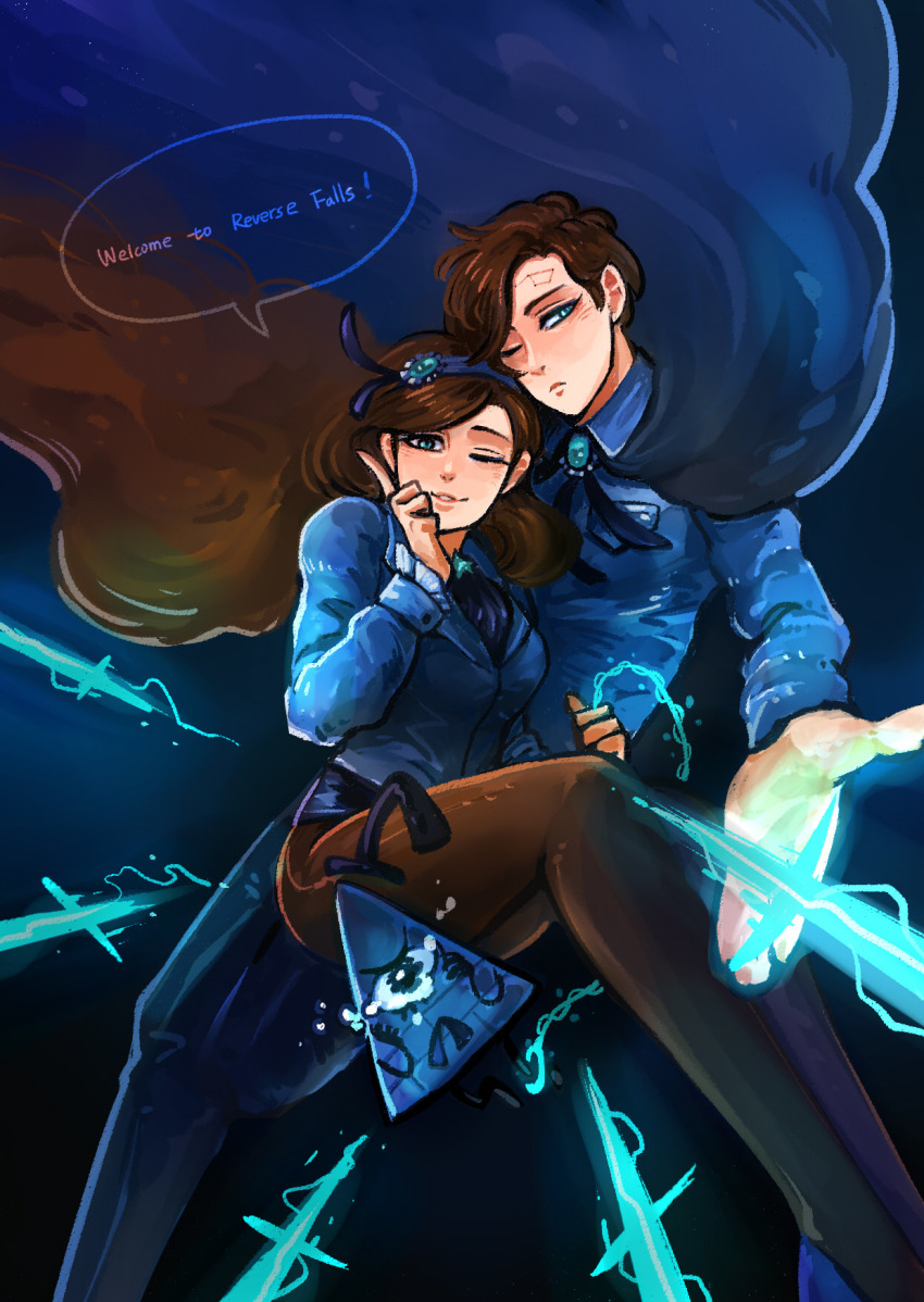 1boy 1girl aqua_eyes aqua_vest ascot bill_cipher brooch brother_and_sister brown_hair cape collared_shirt crying dark_persona dipper_gleeful dipper_pines facial_mark forehead_mark formal_clothes gem gravity_falls hair_ornament hairband highres jewelry long_hair mabel_gleeful mabel_pines magic pantyhose pentagram shirt short_hair siblings swept_bangs twins vest will_cipher