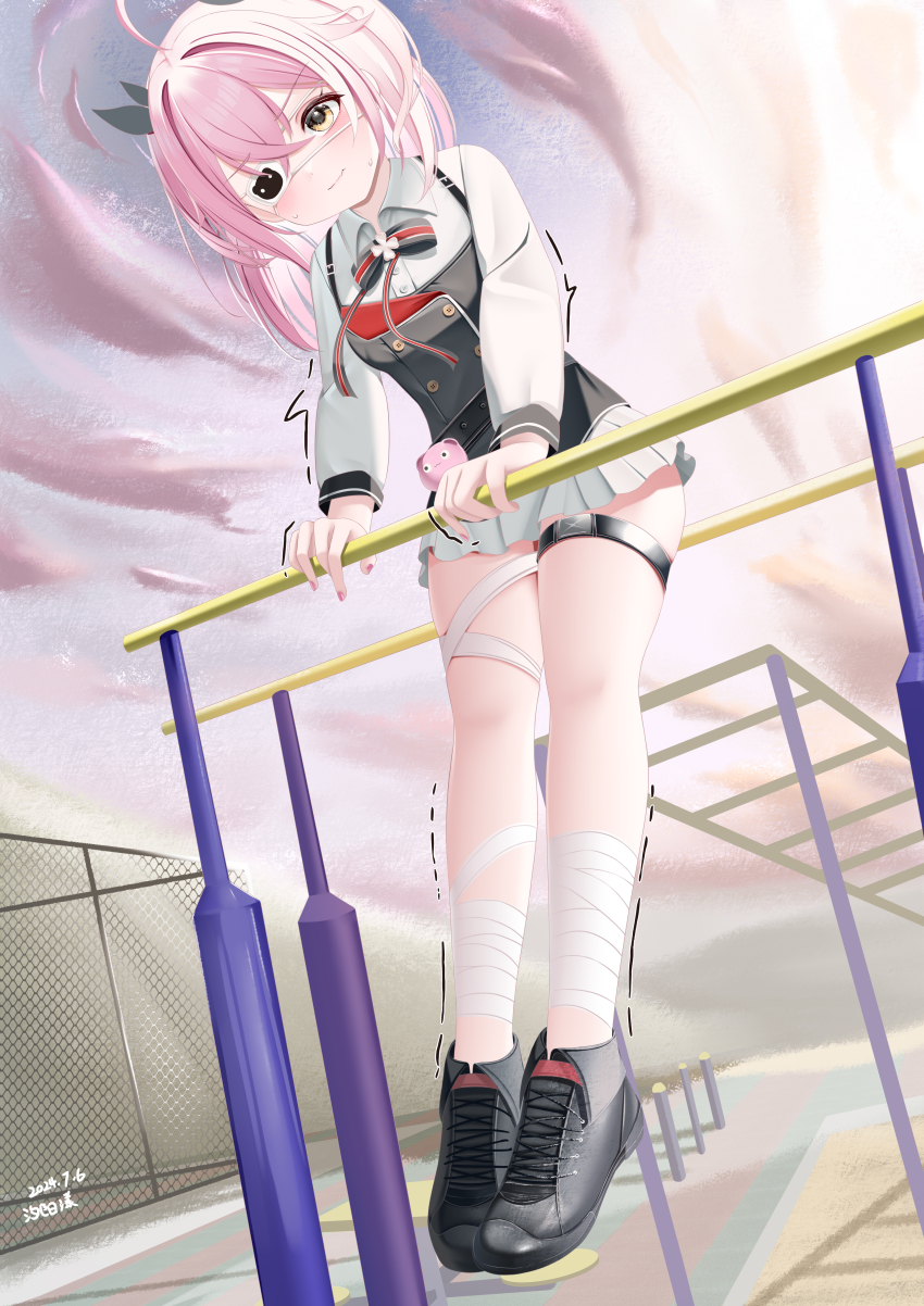 1girl absurdres azur_lane bandaged_leg bandages blush buttons chuunibyou collared_shirt commentary_request day double-breasted dress exercising eyepatch from_below hair_between_eyes highres hip_focus horizontal_bar legs long_hair looking_at_viewer looking_down miniskirt outdoors pink_hair playground pleated_skirt shirt short_dress skindentation skirt solo thigh_strap thighs trembling wavy_mouth white_shirt white_skirt xi_yang_yang yellow_eyes z43_(azur_lane)