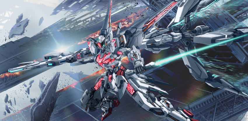 absurdres beam_cannon energy_sword commentary_request debris dual_wielding energy_cannon flying green_eyes gundam gundam_calibarn gundam_suisei_no_majo highres holding holding_cannon holding_sword holding_weapon legs_apart lens_flare mecha mecha_focus mobile_suit no_humans robot science_fiction solo sword thrusters v-fin veerinly weapon