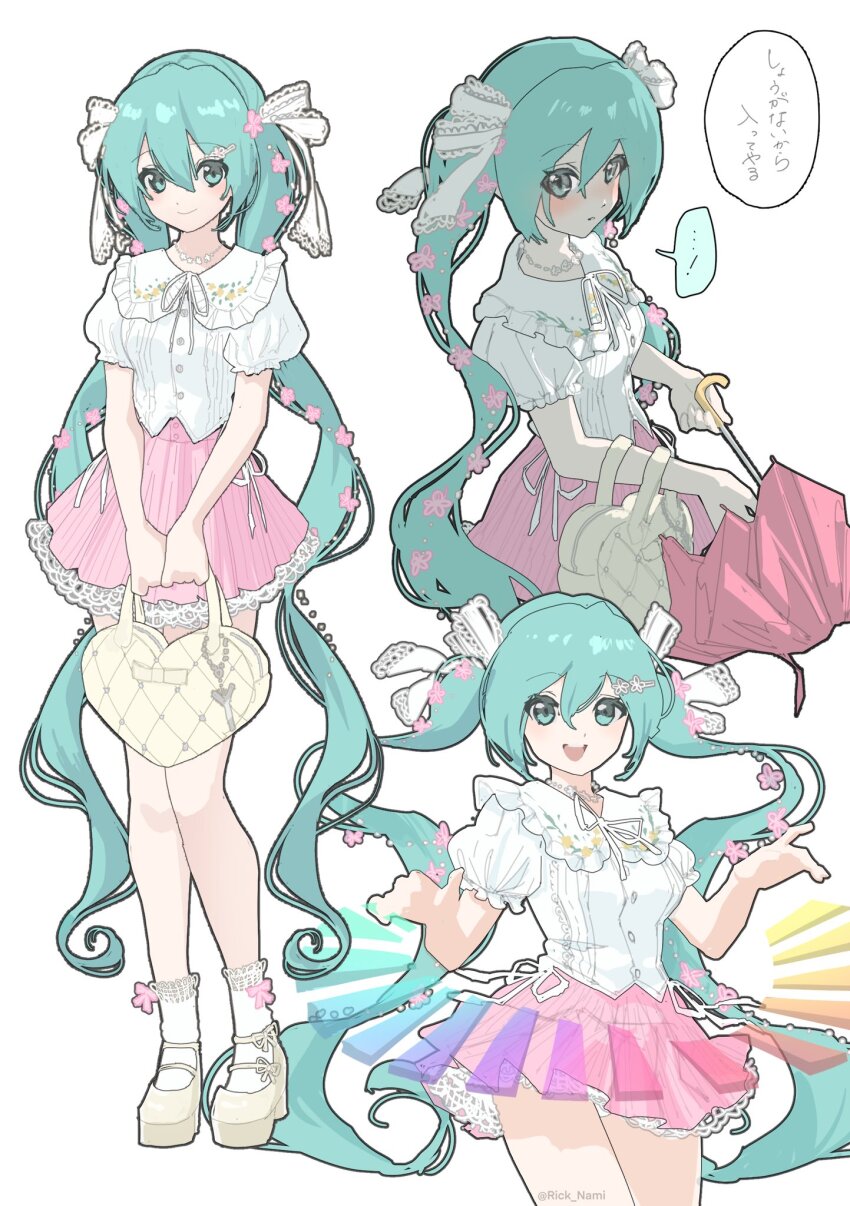 1girl alternate_costume aqua_eyes aqua_hair artist_name bag closed_mouth cowboy_shot floral_print flower frilled_shirt_collar frills full_body hair_between_eyes hair_flower hair_ornament hair_ribbon handbag hatsune_miku heart-shaped_bag highres holding holding_bag holding_umbrella jewelry lace lace-trimmed_ribbon lace-trimmed_skirt lace-trimmed_socks lace_trim long_hair looking_at_viewer melt_(vocaloid) miniskirt multiple_views nami_(rick_nami) necklace pink_flower pink_skirt puffy_short_sleeves puffy_sleeves ribbon shirt shoes short_sleeves simple_background skirt smile socks standing twintails twitter_username umbrella very_long_hair vocaloid white_background white_ribbon white_shirt white_socks yellow_shoes