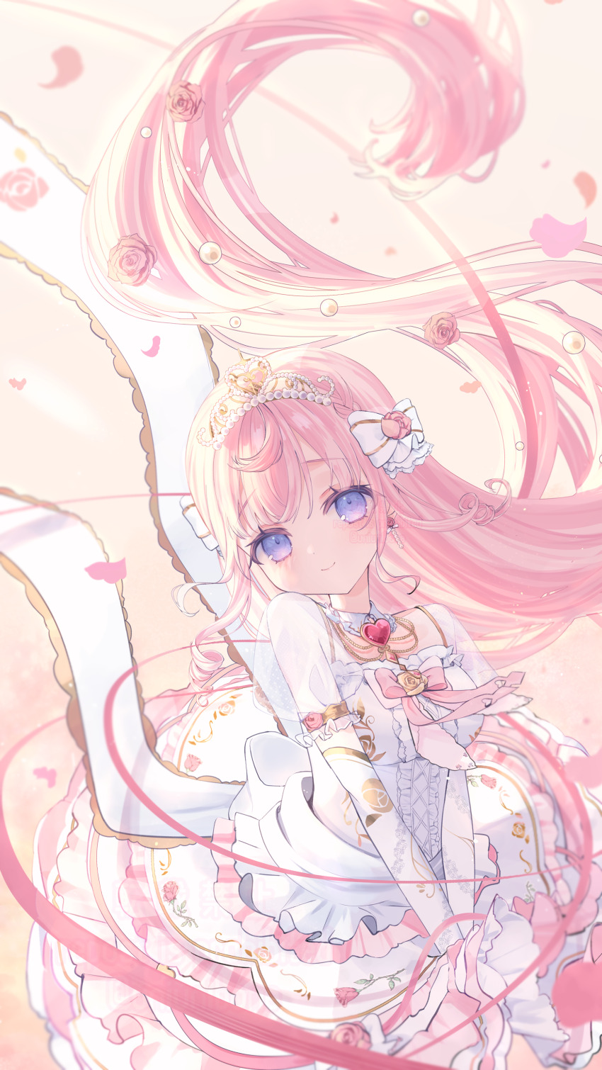 1girl absurdres bow collar dress earrings elbow_gloves floating_hair frills gloves hair_bow heart_collar highres himeno_aimu indie_virtual_youtuber jewelry long_hair looking_at_viewer necklace pink_dress pink_hair puffy_short_sleeves puffy_sleeves purple_eyes see-through_clothes see-through_sleeves short_sleeves single_earring solo tiara two-tone_dress uniunibone very_long_hair virtual_youtuber white_bow white_dress white_gloves